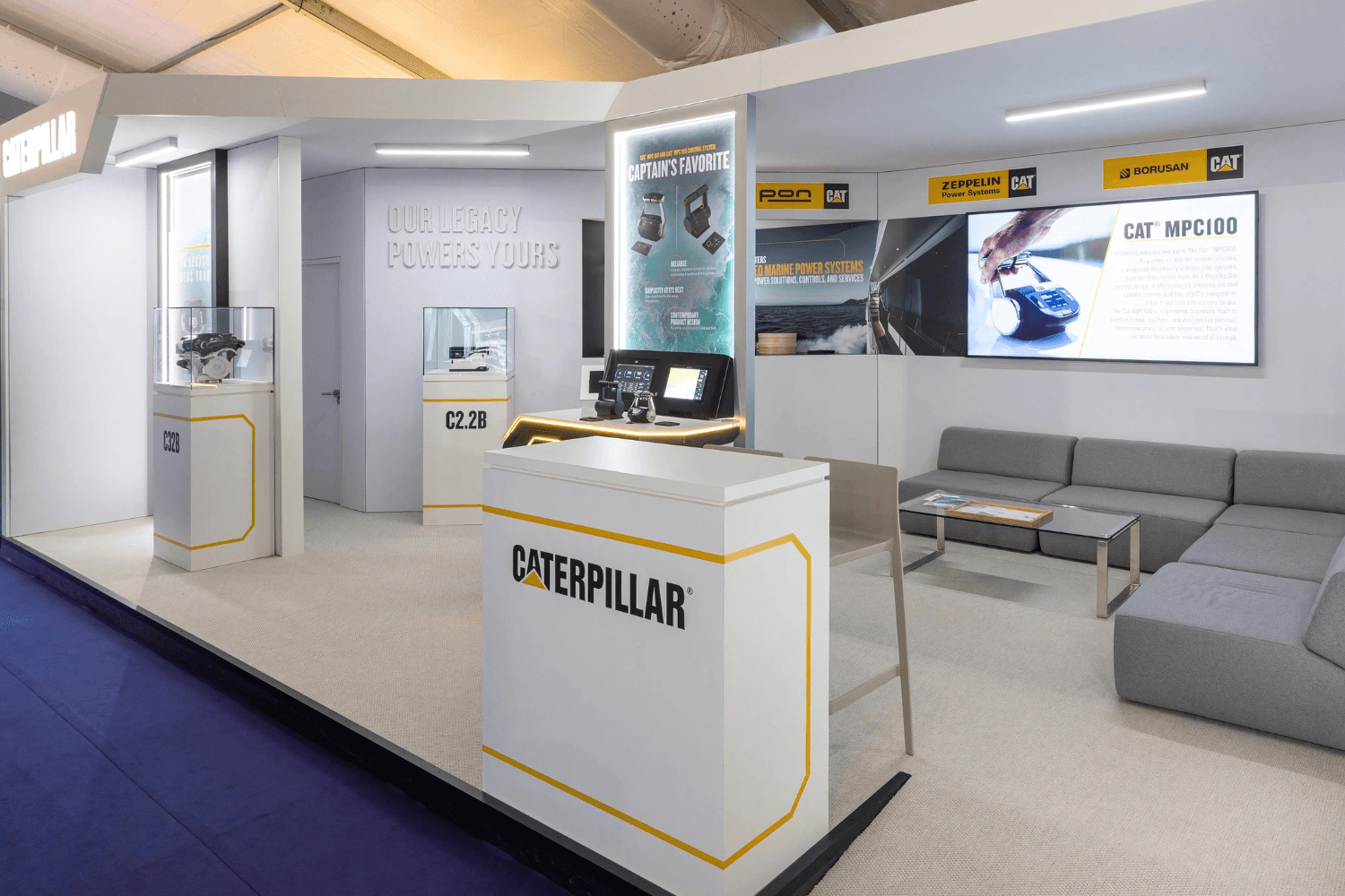 Caterpillar 40 sqm exhibition stand at Monaco Boat Show by Messe.ae