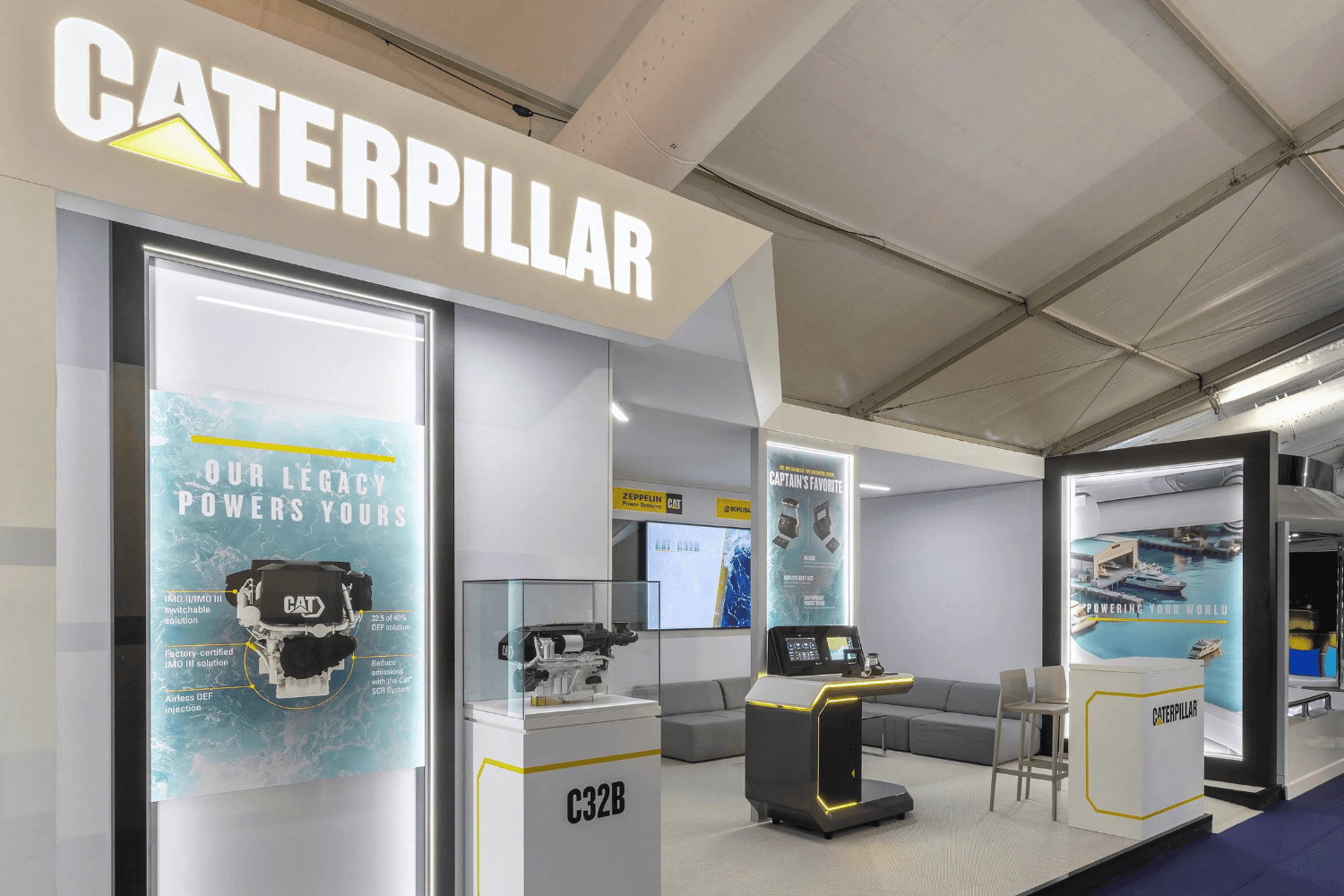 Caterpillar 40 sqm exhibition stand at Monaco Boat Show by Messe.ae