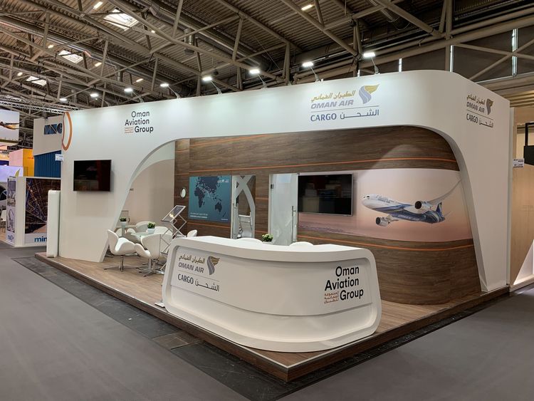 Oman Air 40 sqm exhibition stand at Air Cargo by Messe.ae