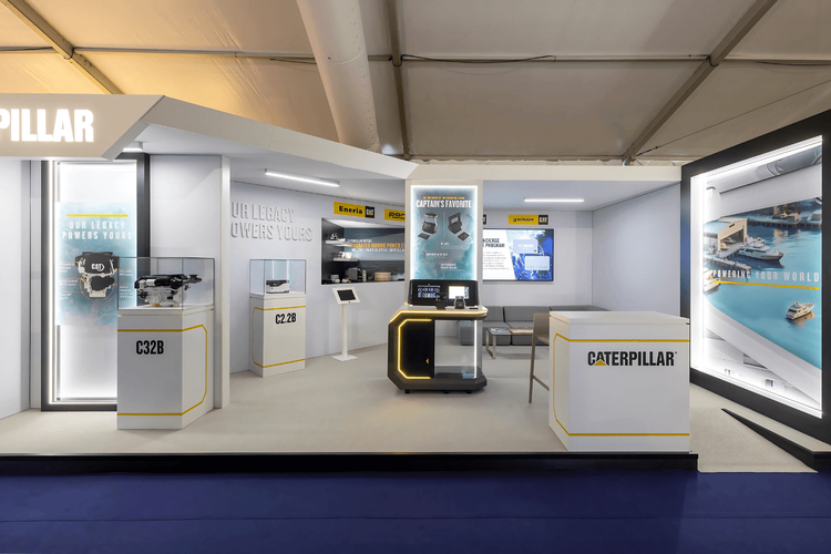 Caterpillar 40 sqm exhibition stand at Monaco Boat Show by Messe.ae